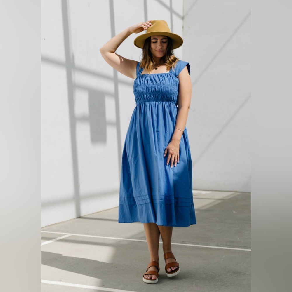 Pinch Blue Midi Dress with Smocked Bodice